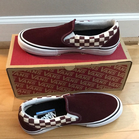 vans burgundy checkerboard slip ons